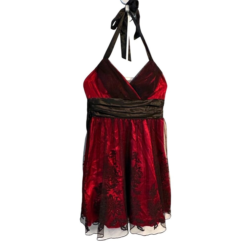 Three Pink Hearts Trixxi Red Black Floral Halter Dress Sz 9 Fairygoth Whimsigoth